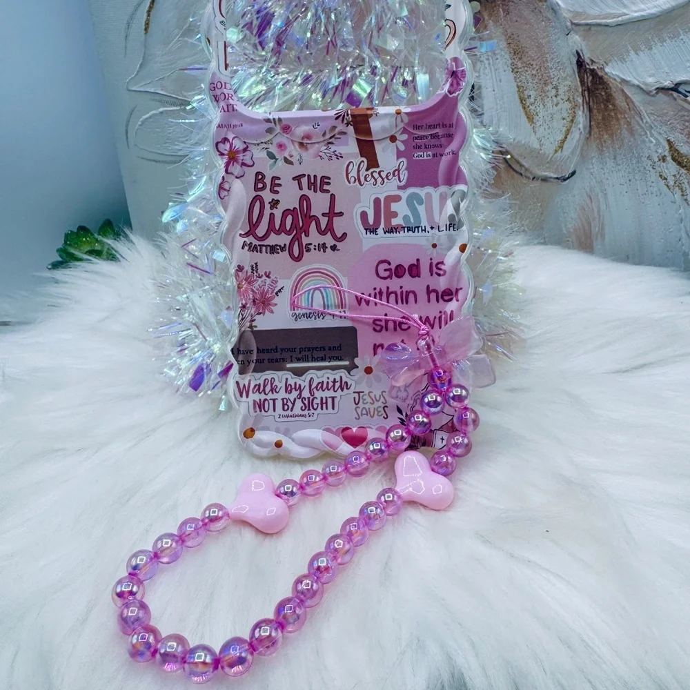 Faith Themed iPhone 17 Pro Case with pink Beaded Strap